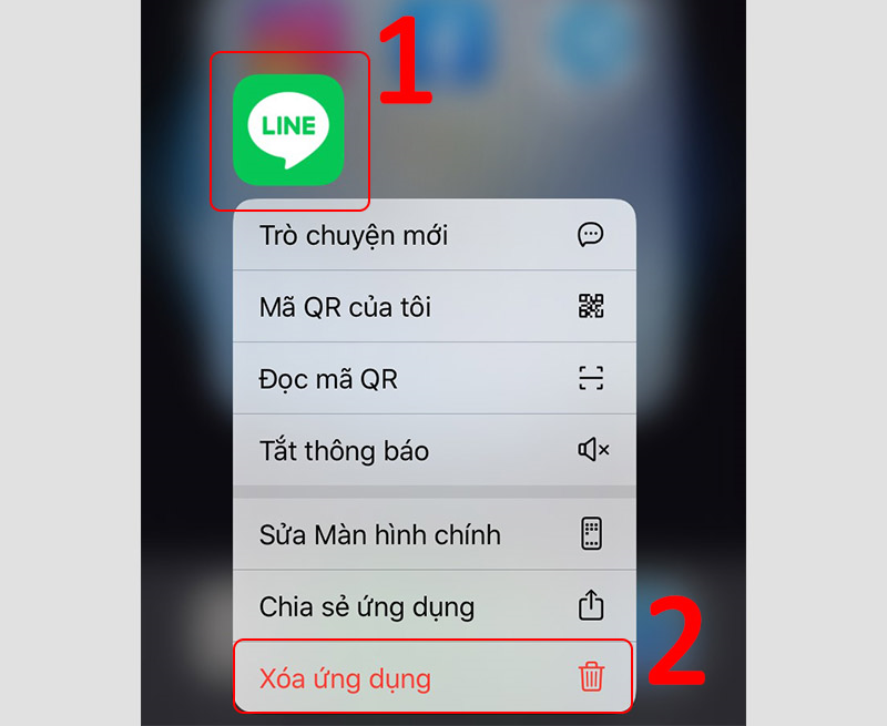 Ấn giữ vào biểu tượng Line > Chọn Xóa ứng dụng